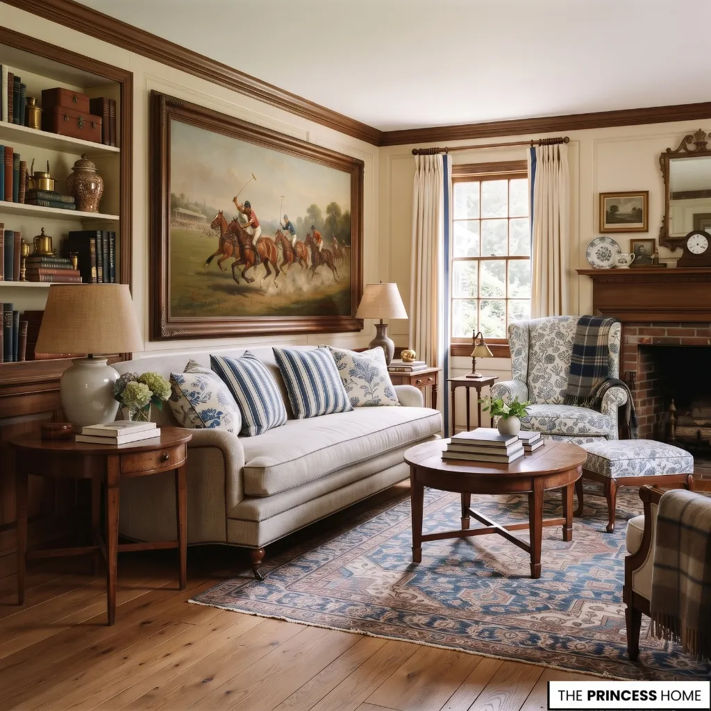 Ralph Lauren summer living room layering blue stripes, subtle floral pattern, and quiet cream textiles.