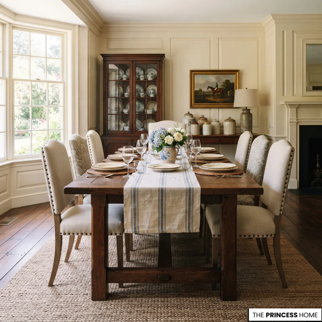 Traditional dining room retaining wooden furniture while using lighter summer textiles and natural materials.