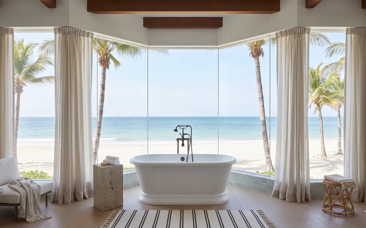 Luxury oceanfront bathroom featuring a freestanding tub, large panoramic windows, beach view, and palm trees.