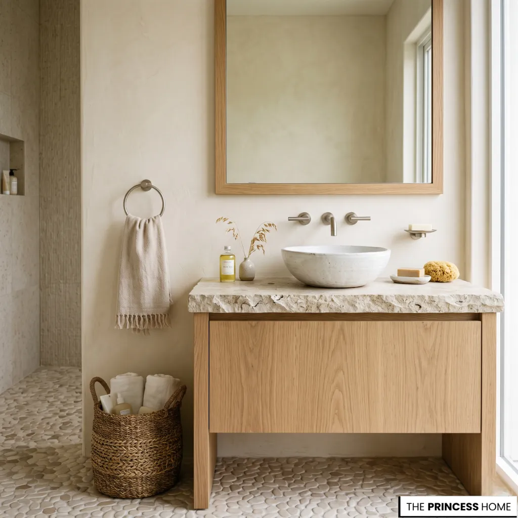 Minimalist bathroom with a wood vanity, stone countertop, vessel sink, and warm neutral decor.