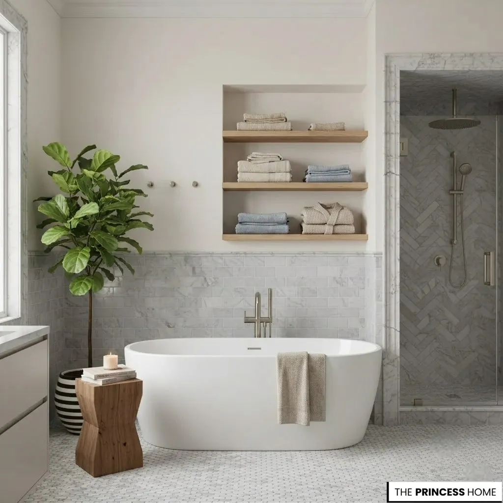 Modern bathroom with a freestanding tub, marble shower, floating shelves, and bright natural light.