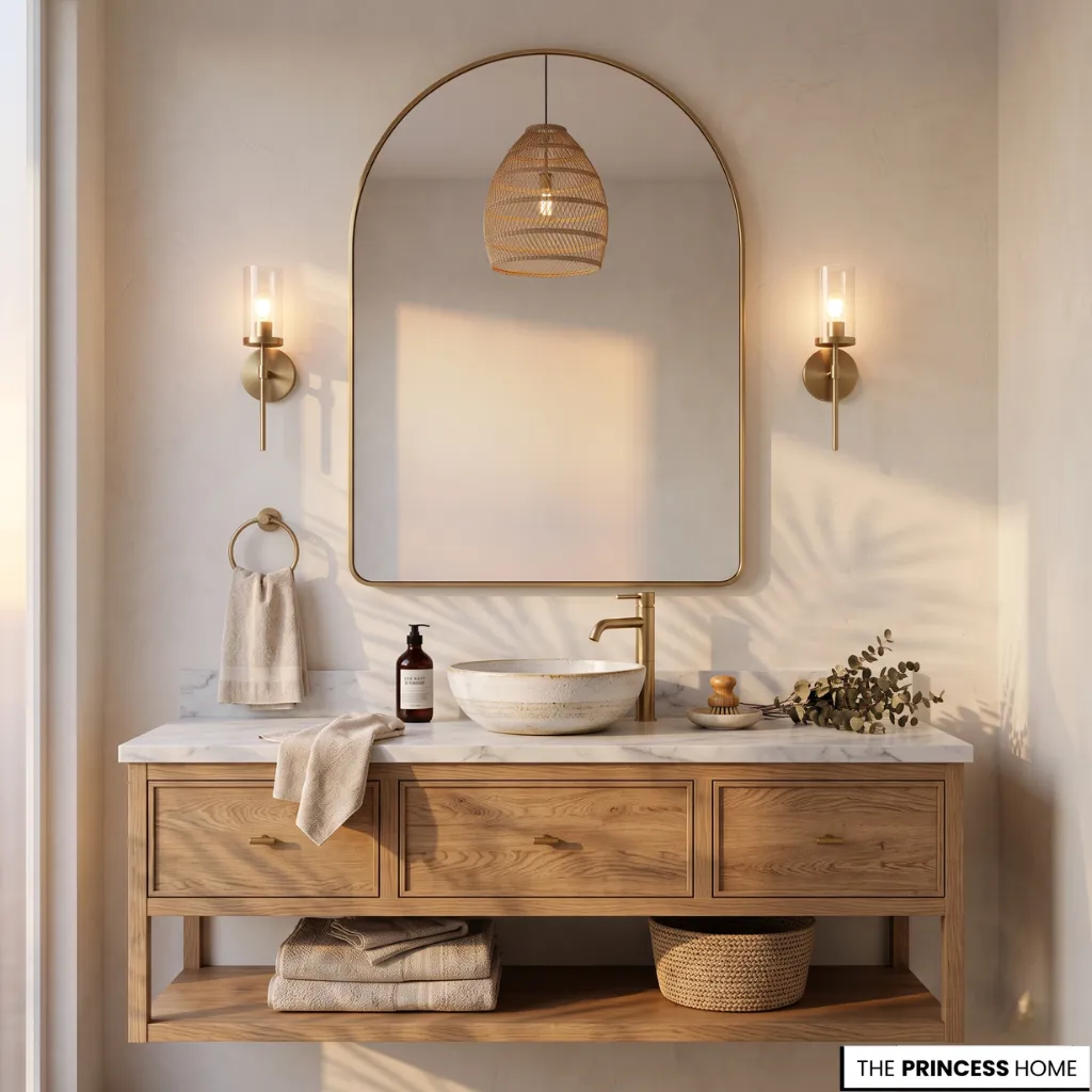 Modern bathroom with a wood vanity, arched mirror, marble countertop, and warm brass fixtures.