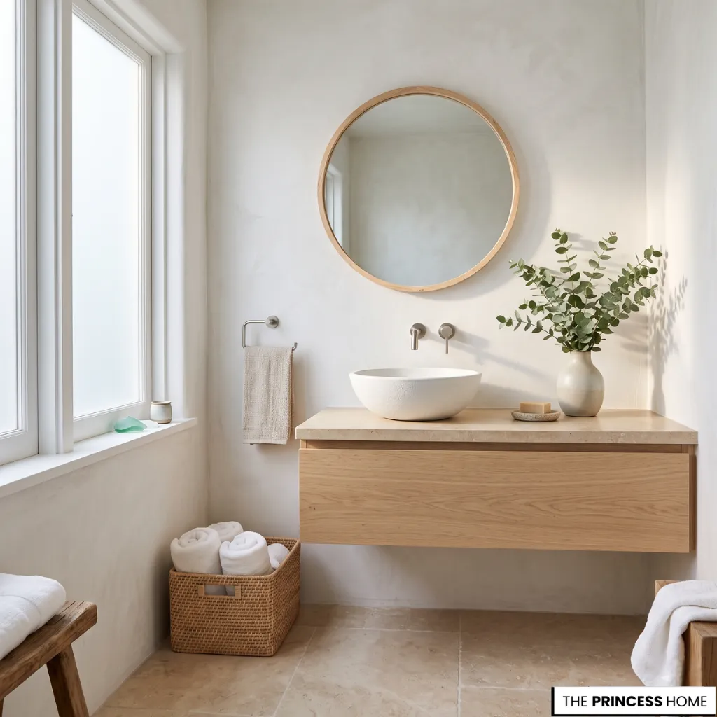 Modern minimalist bathroom with a wood floating vanity, round mirror, vessel sink, and natural decor.