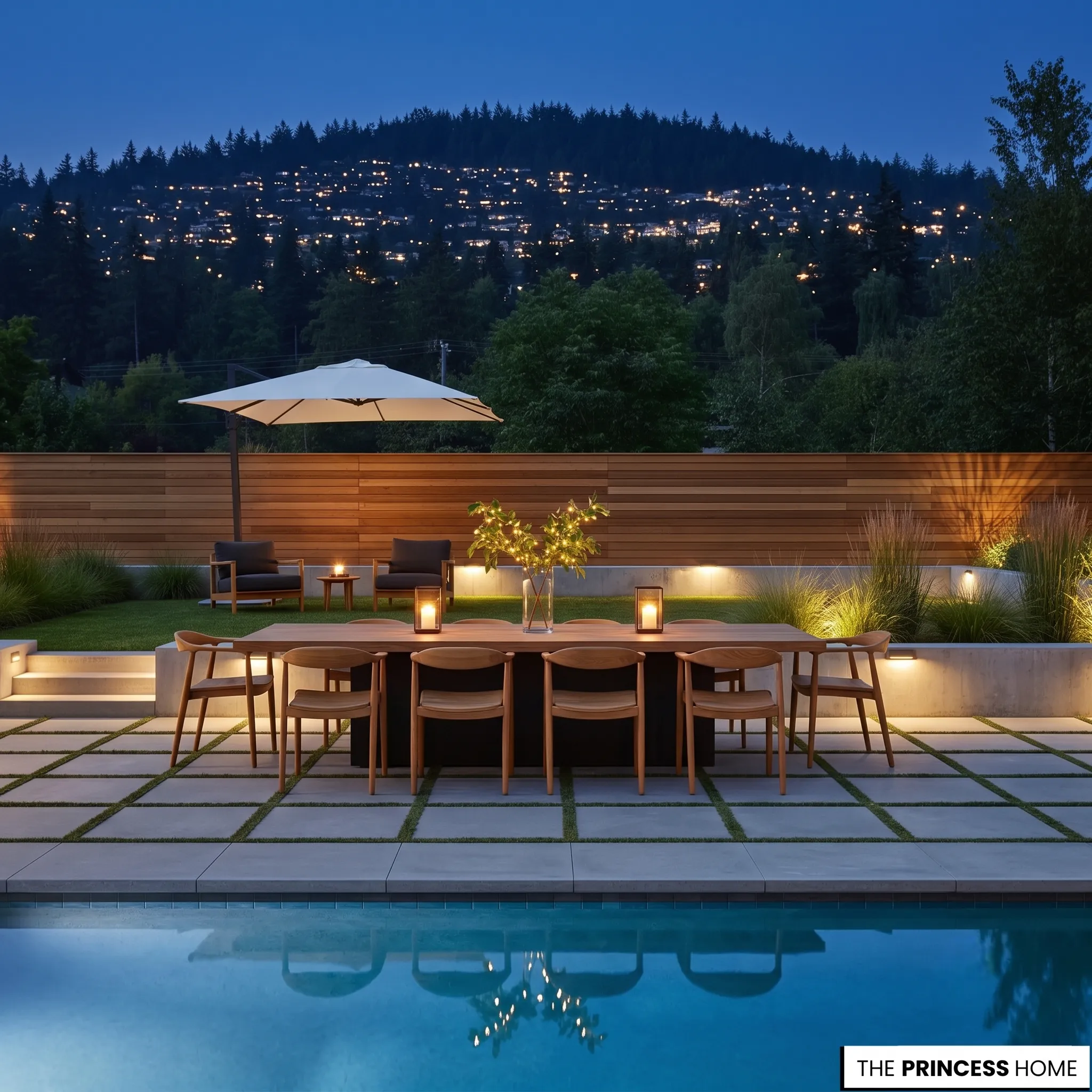 Modern poolside patio at night with a long wooden dining table, sleek chairs, integrated landscape lighting, and a hill view.