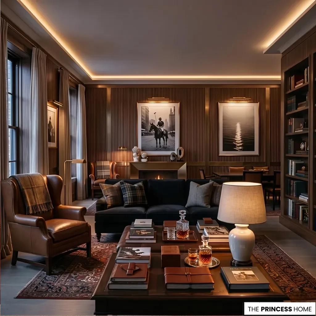 Moody Ralph Lauren living room with vertical wood slat paneling, a leather wingback chair, black sofa, and equestrian artwork.