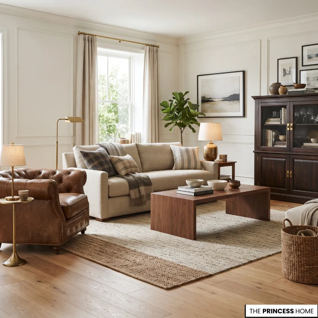 Modern Ralph Lauren living room mixing tailored furniture, traditional wood, and contemporary forms