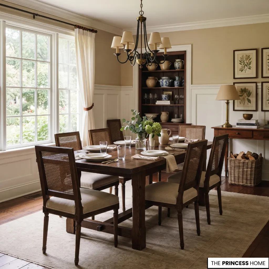 Ralph Lauren summer dining room combining natural wood, woven texture, ceramics, and lightweight textiles.