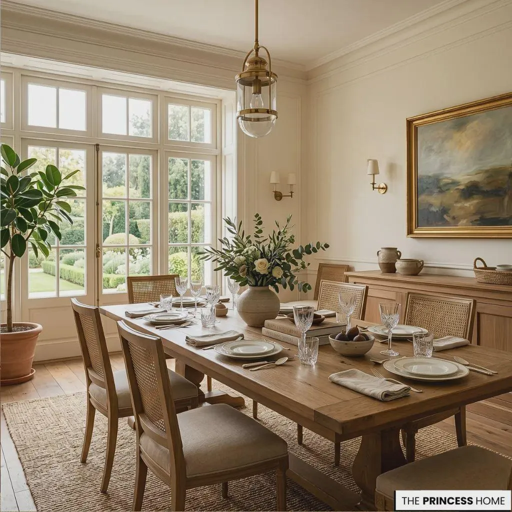 Bright neutral dining room featuring a long wooden dining table set with elegant tableware, cane back chairs