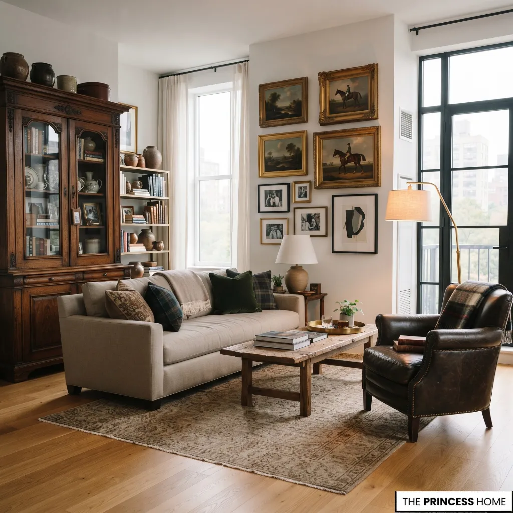 Ralph Lauren apartment combining a traditional wooden cabinet with contemporary seating and lighting