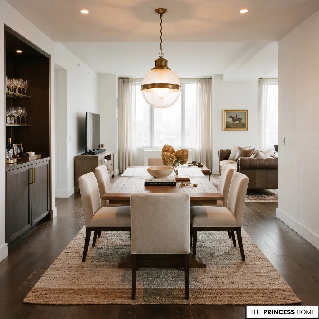 Ralph Lauren dining area with traditional wood table, simpler chairs, and warm layered lighting