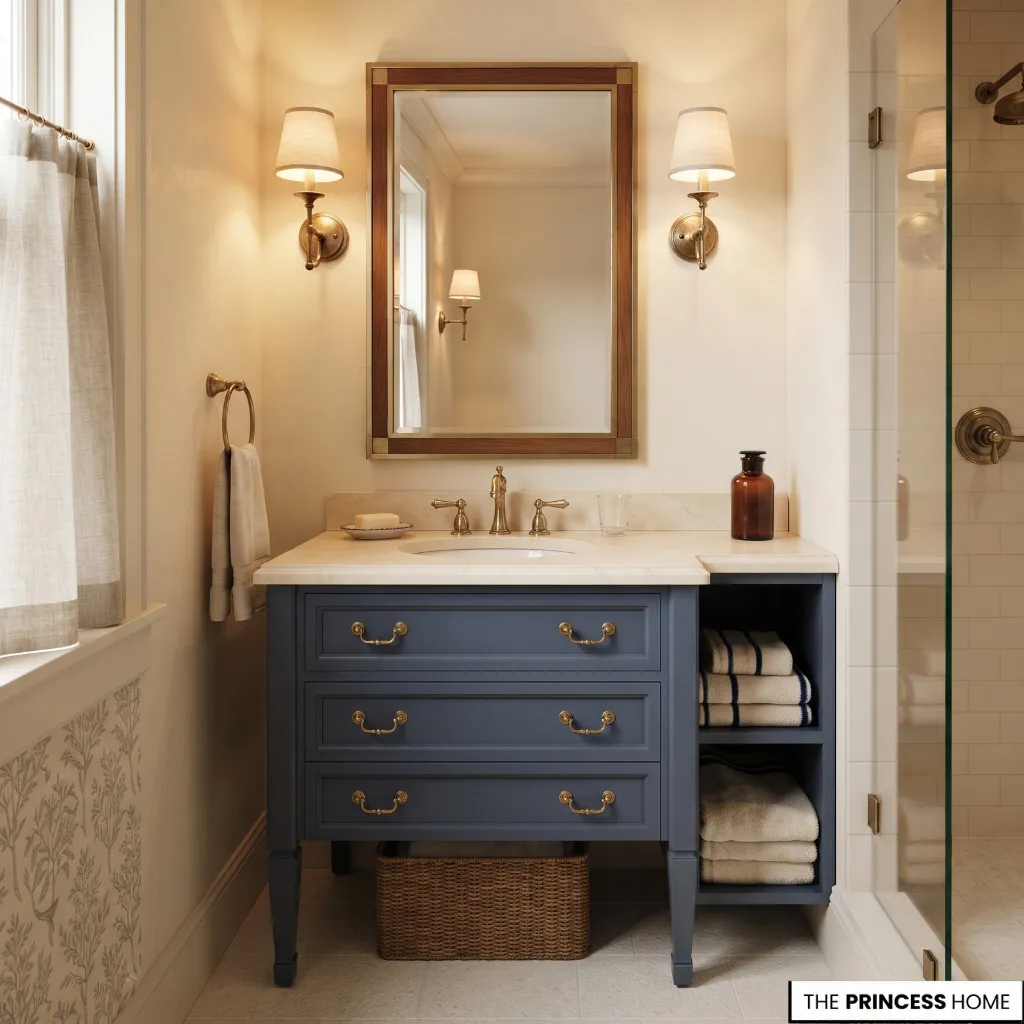 A compact Ralph Lauren-style bathroom using a furniture-style vanity, mirror wall, efficient storage, layered lighting, and controlled materials.