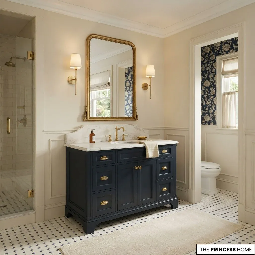 A well-proportioned bathroom showing tailored cabinetry, classic tile, architectural trim, and coordinated major surfaces.