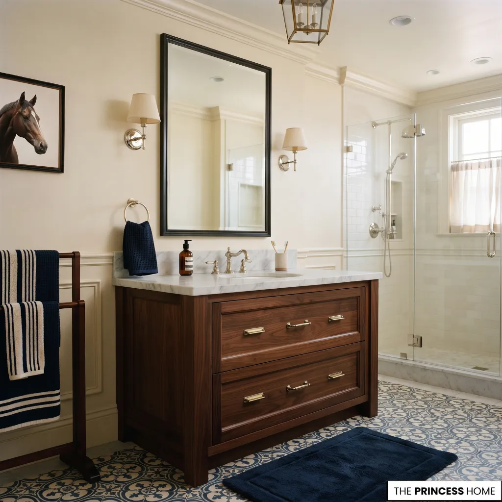 A balanced Ralph Lauren-style bathroom using restrained traditional references, lighter surfaces, coordinated materials, and uncluttered styling.