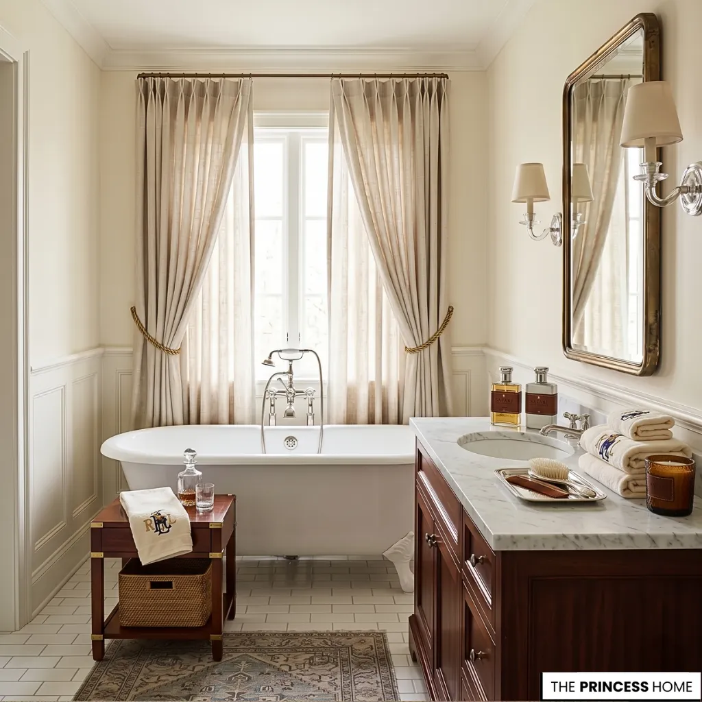 Bright Ralph Lauren bathroom with a clawfoot tub under a window, mahogany vanity with marble top, and a brass-framed mirror.