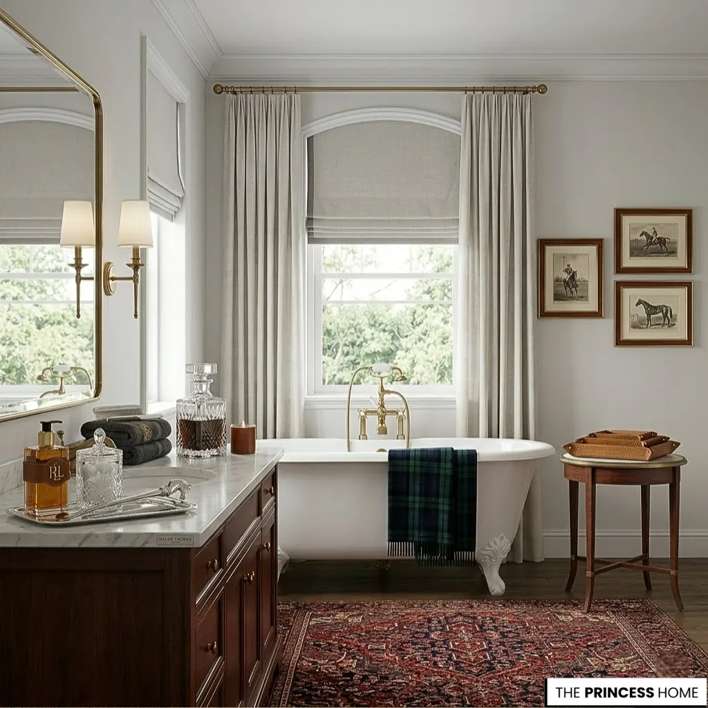 Elegant Ralph Lauren bathroom with a clawfoot tub, tartan plaid throw, mahogany vanity, Persian rug, and equestrian artwork.