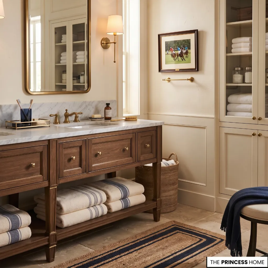 A styled bathroom with substantial towels, a tray, framed mirror, storage containers, artwork, and restrained accessories.