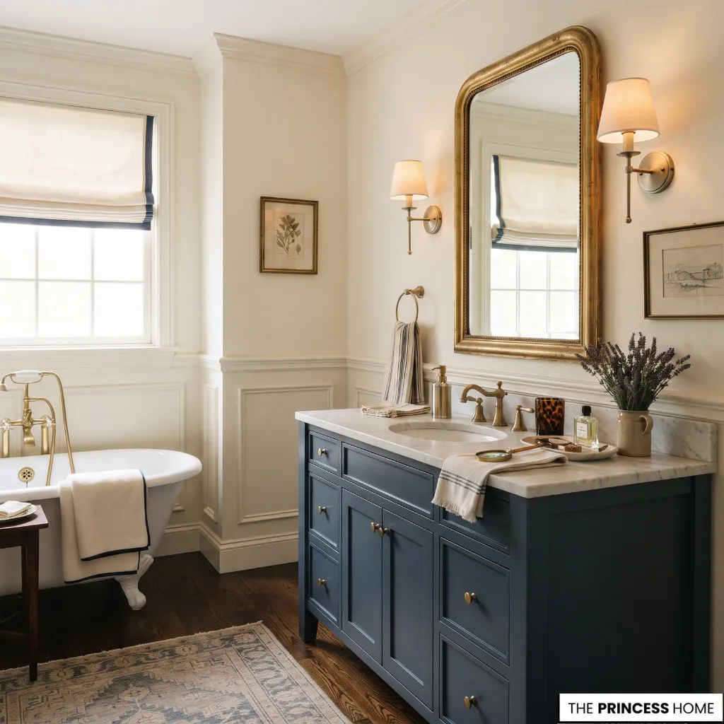 A Ralph Lauren-style bathroom combining tailored cabinetry, classic colors, natural materials, and collected decorative details.