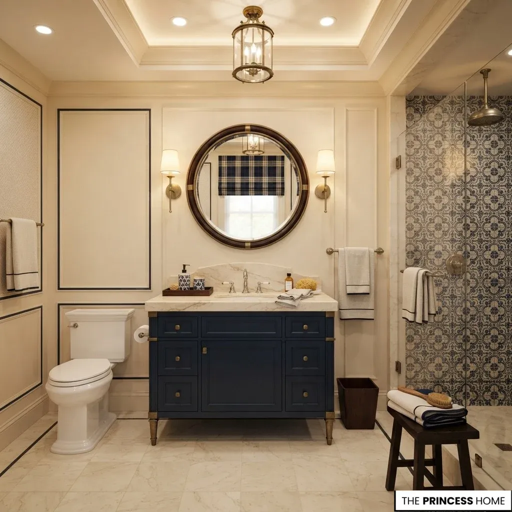 A bathroom using cream, navy, warm wood, and restrained dark accents in balanced proportions.