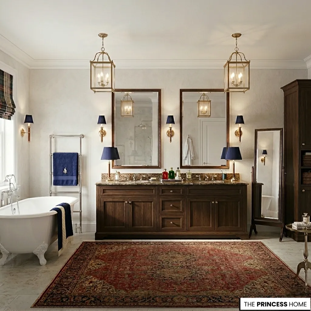 Luxury Ralph Lauren bathroom featuring a dark wood double vanity, large Persian rug, clawfoot bathtub, and brass lantern pendants.