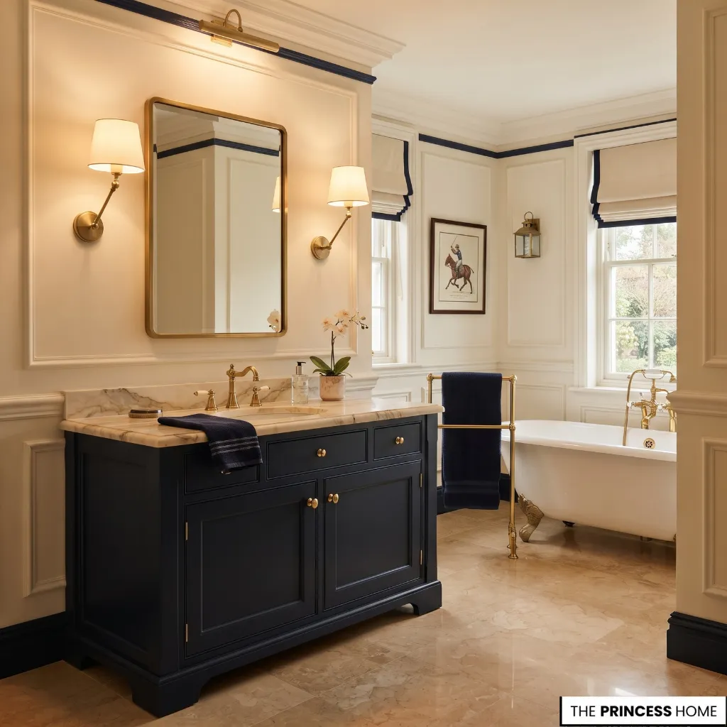 A Ralph Lauren-style bathroom with layered ambient, vanity, and decorative lighting around a framed mirror.