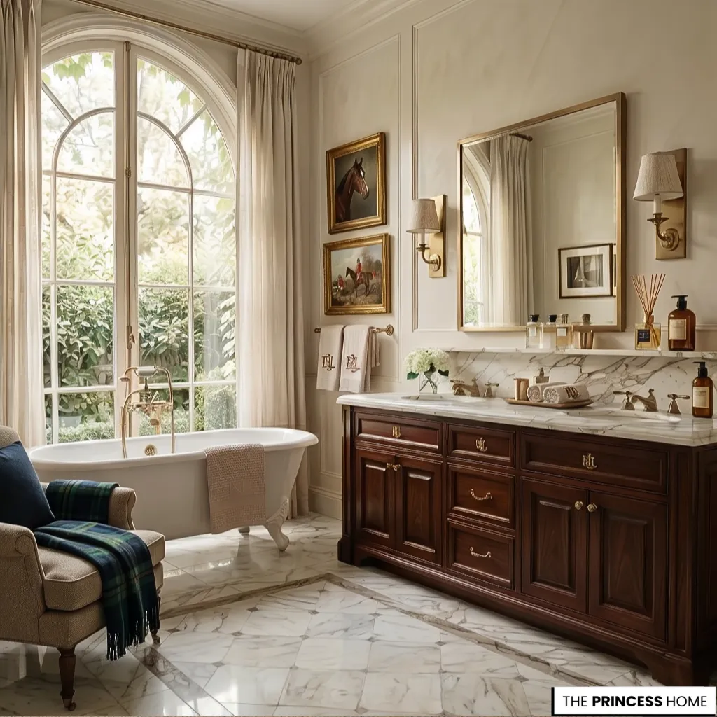 A Ralph Lauren Bathroom luxury material palette featuring marble, wood, and brass in a warm elegant interior.