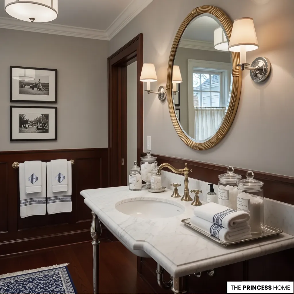 Classic Ralph Lauren bathroom with a marble vanity, brass faucet, oval mirror, wall sconces, and dark mahogany wainscoting.