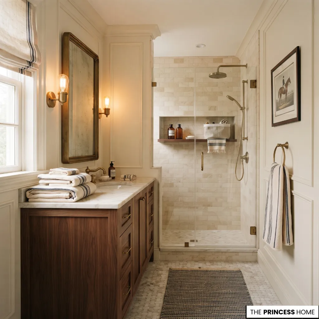 A bathroom combining striped textiles, natural stone, wood grain, brushed metal, and restrained patterned surfaces.
