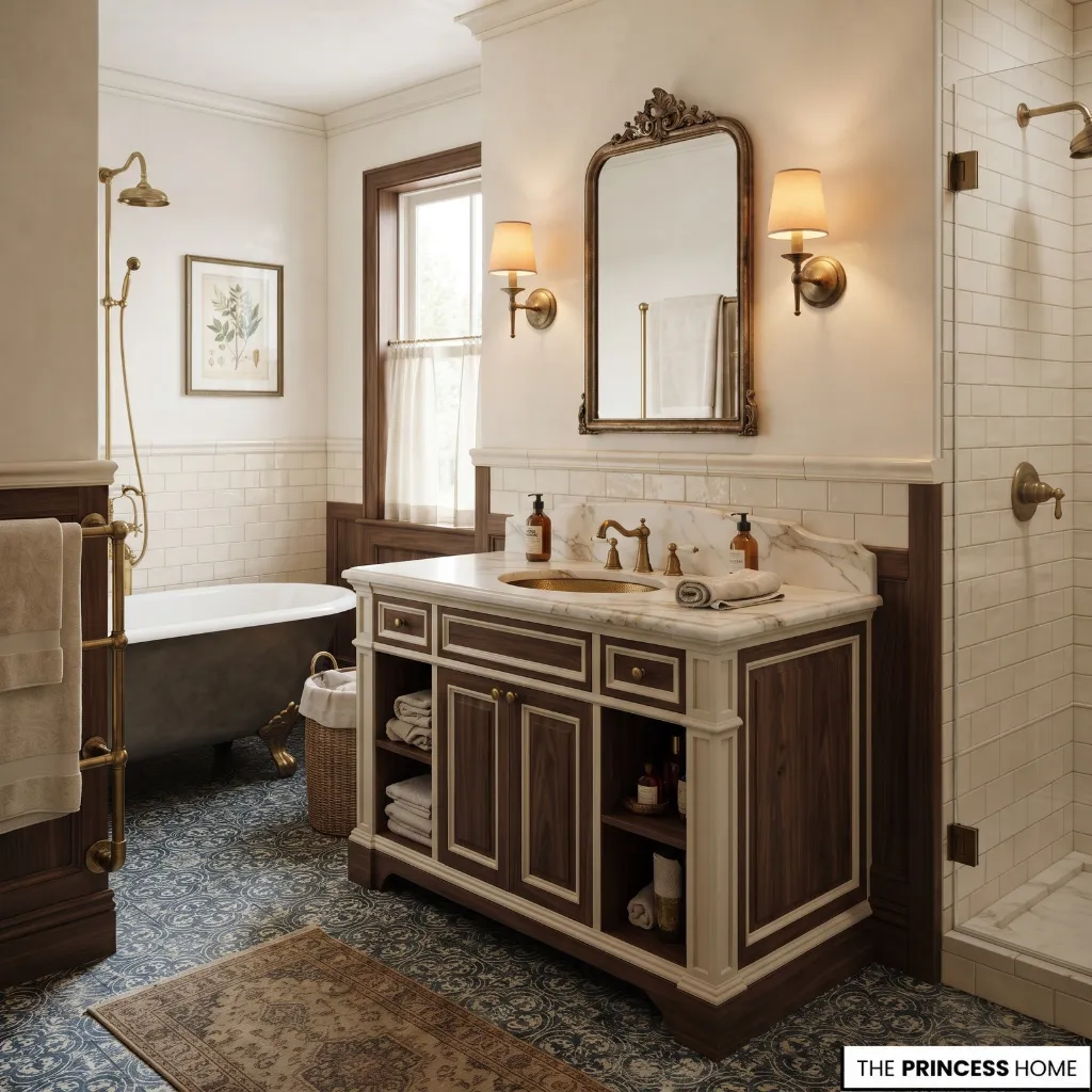 A bathroom combining marble, wood cabinetry, patterned flooring, painted surfaces, glass, and refined metal.