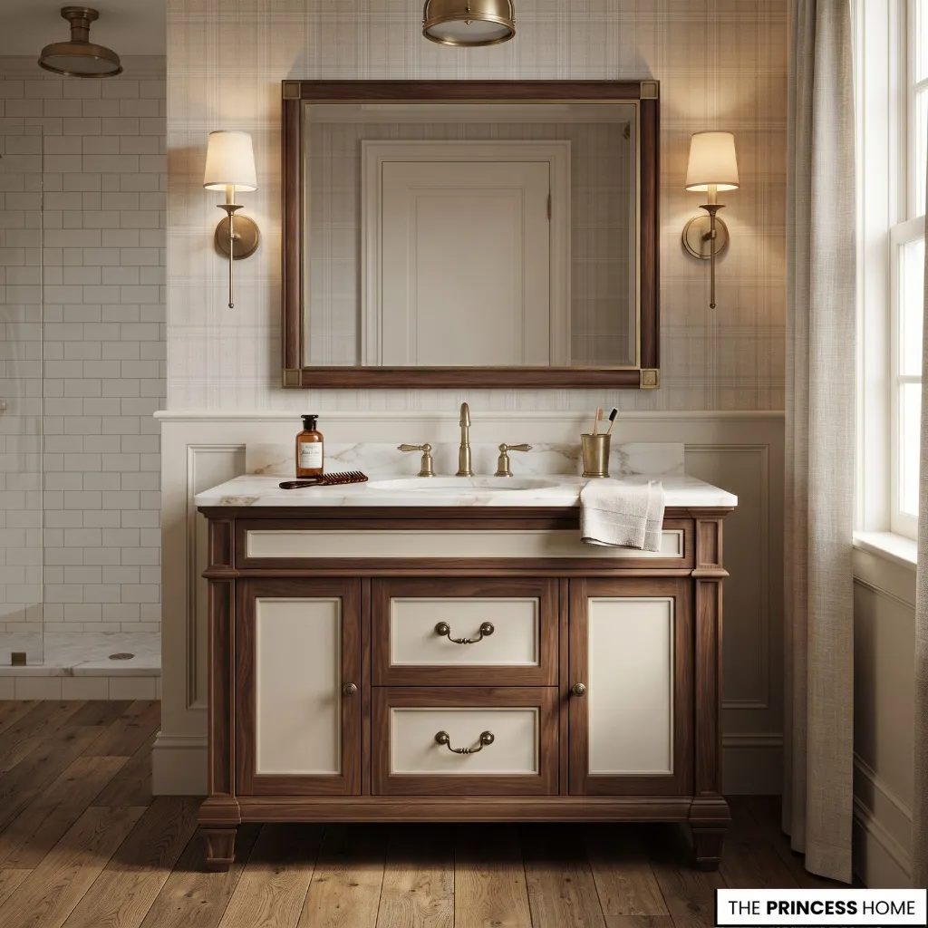 A tailored bathroom vanity with a framed mirror, refined faucet, coordinated hardware, and traditional fixture silhouettes.