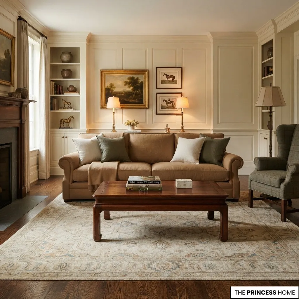 Living room with substantial main furniture, rug, wood, layered lighting, textiles, and restrained accessories