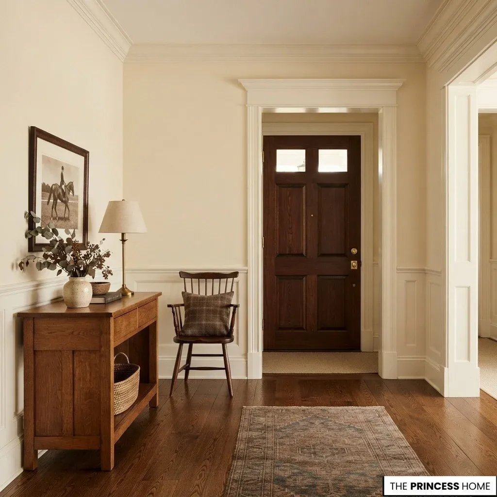 Ralph Lauren-inspired entryway with traditional trim, wood flooring, warm walls, and restrained furnishings.