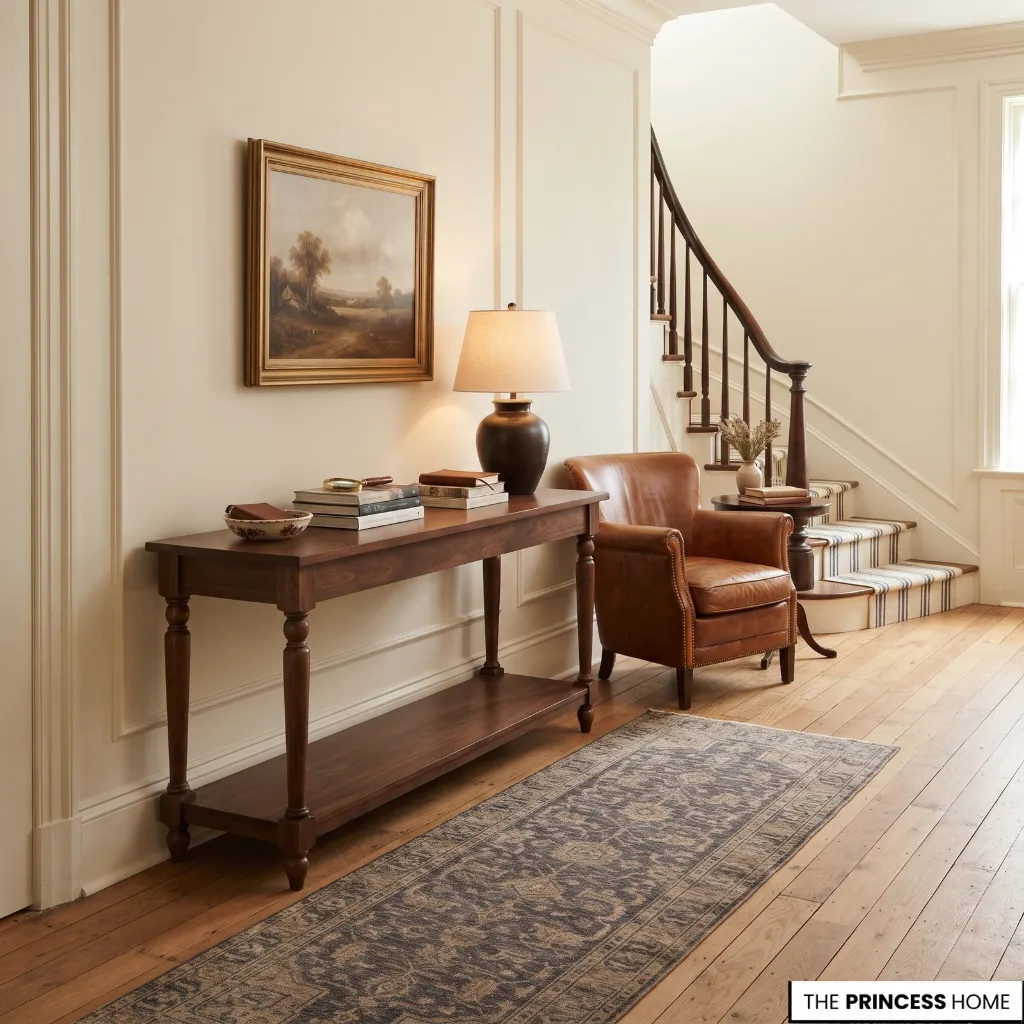 Balanced Ralph Lauren-inspired entryway with restrained decoration, appropriate furniture scale, and clear circulation.