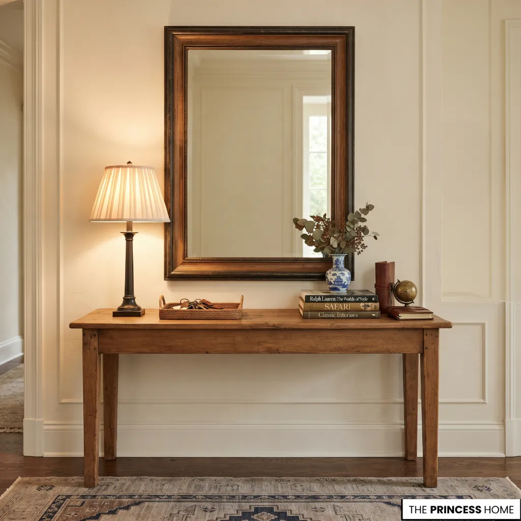 Wooden entryway console styled with a mirror, lamp, books, tray, and personal objects.
