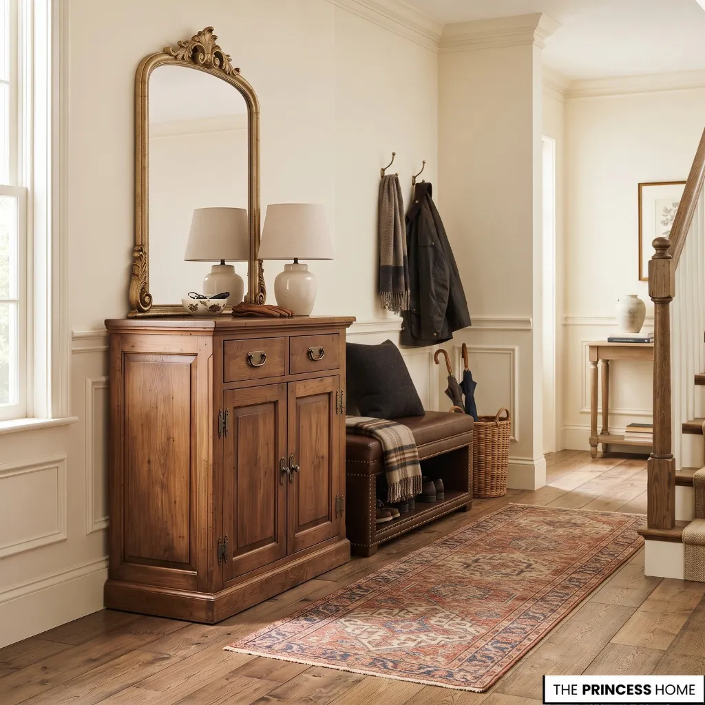Ralph Lauren-inspired entryway with a wooden cabinet, drawers, storage bench, and discreet wall hooks.