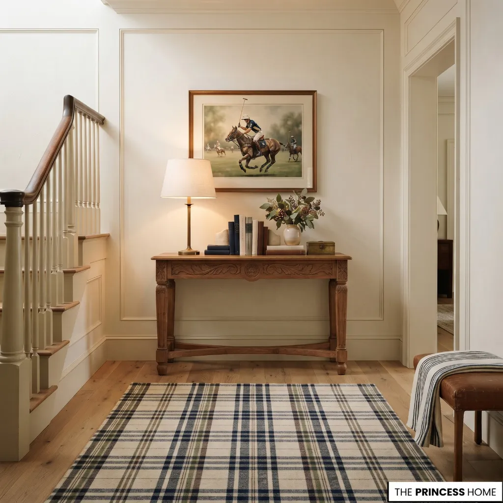 Ralph Lauren-inspired entryway using a controlled cream, brown, navy, and muted green palette with one patterned rug.