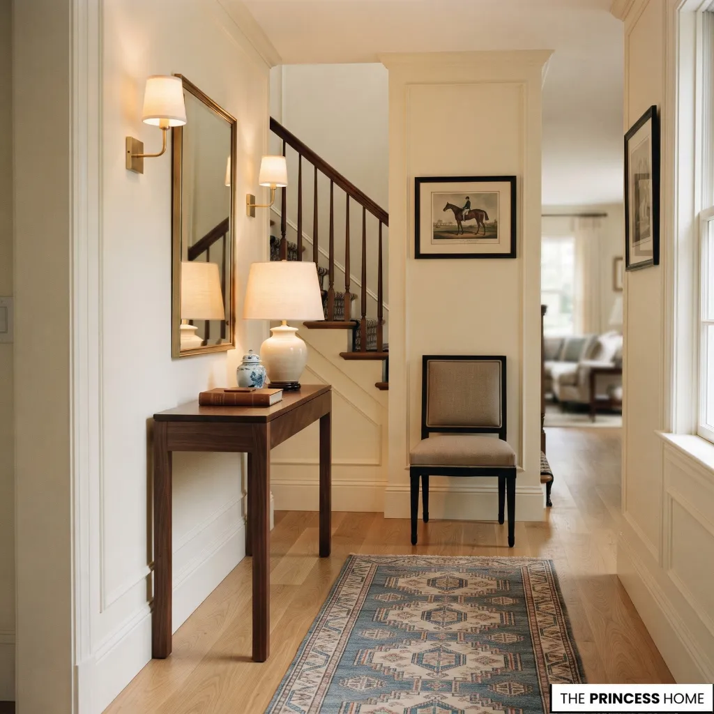 A stylishly decorated home entryway featuring a wooden console table with a lamp, a framed horse painting, and a patterned rug on a hardwood floor.