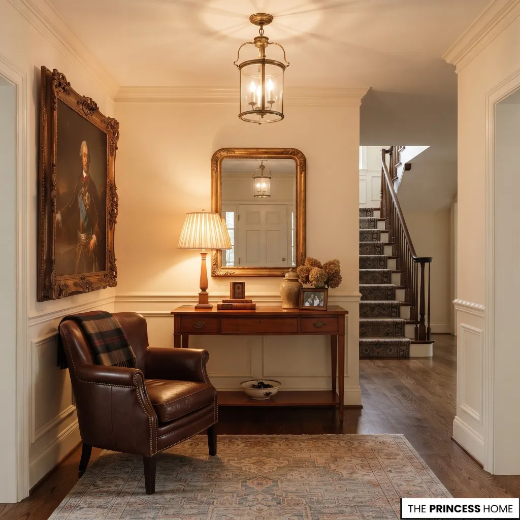 Entryway with a ceiling fixture, console lamp, and warm layered residential lighting.