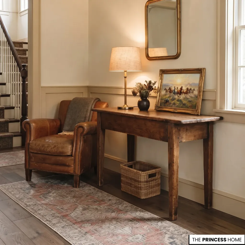 Entryway combining aged wood, leather, wool, linen, woven fibers, and warm metal.