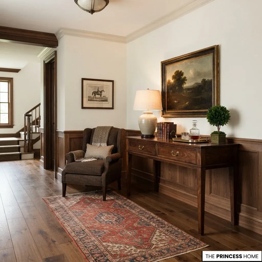 Proportionate Ralph Lauren-inspired wooden console with a chair and clear circulation in an entryway.