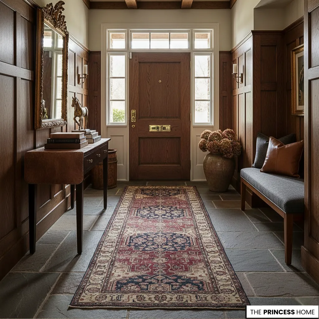 Elegant Ralph Lauren inspired foyer with dark wood wainscoting, a Persian runner rug, console table, and ornate gold mirror.