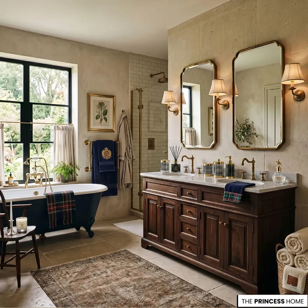 A Ralph Lauren Bathroom inspired heritage design with marble sink, brass fixtures, and warm natural lighting in a luxury interior.