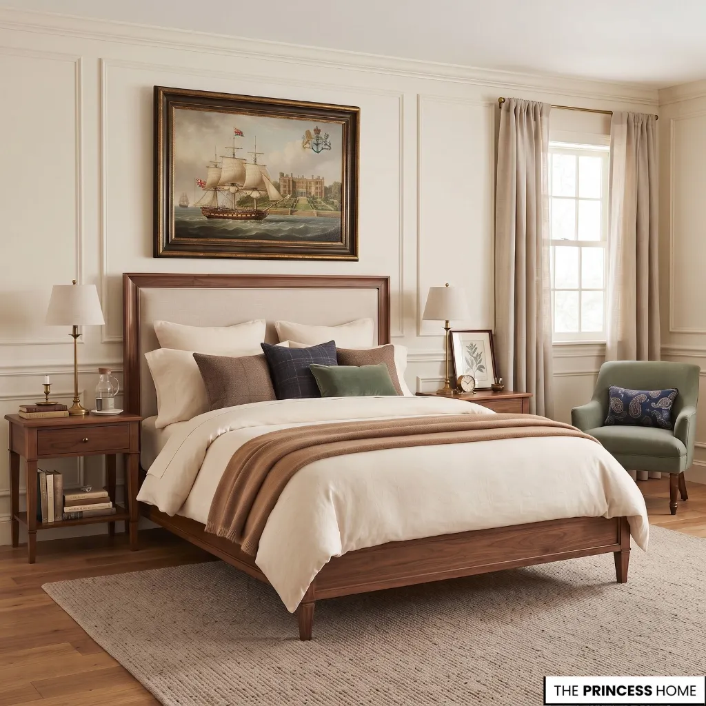 Traditional bedroom using cream, brown, navy, muted green, and warm wood