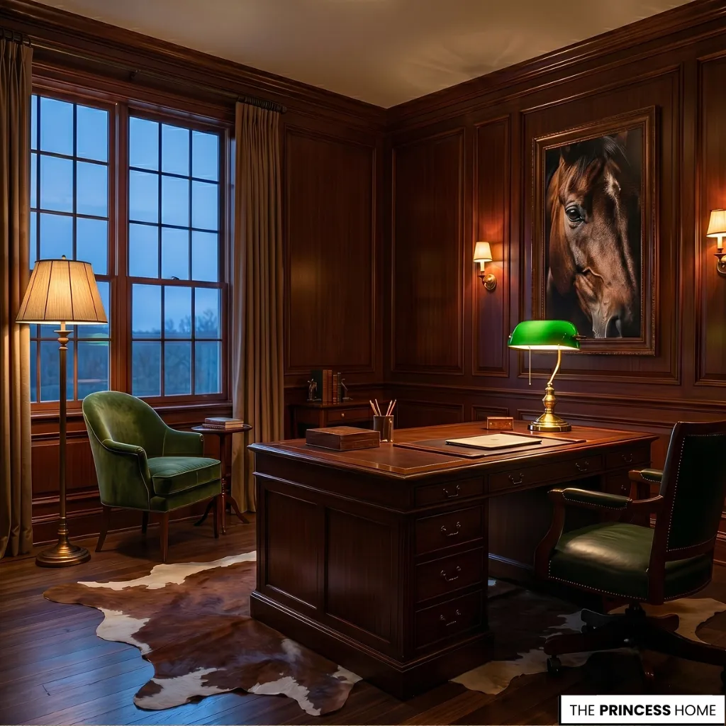 Moody Ralph Lauren style home office with rich mahogany wall paneling, a large wooden executive desk, a green glass banker's lamp