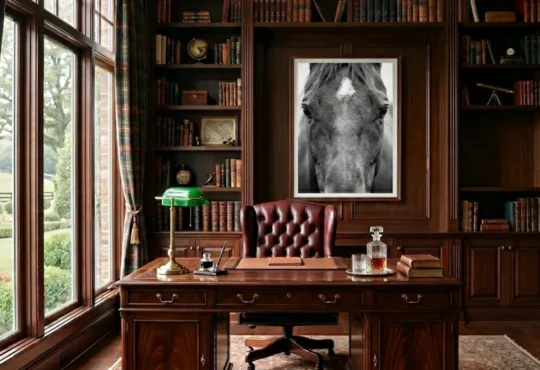 Luxury Ralph Lauren style home office with custom walnut bookshelves, a large wooden executive desk, a tufted burgundy leather chair,