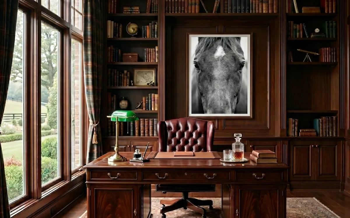 Luxury Ralph Lauren style home office with custom walnut bookshelves, a large wooden executive desk, a tufted burgundy leather chair,