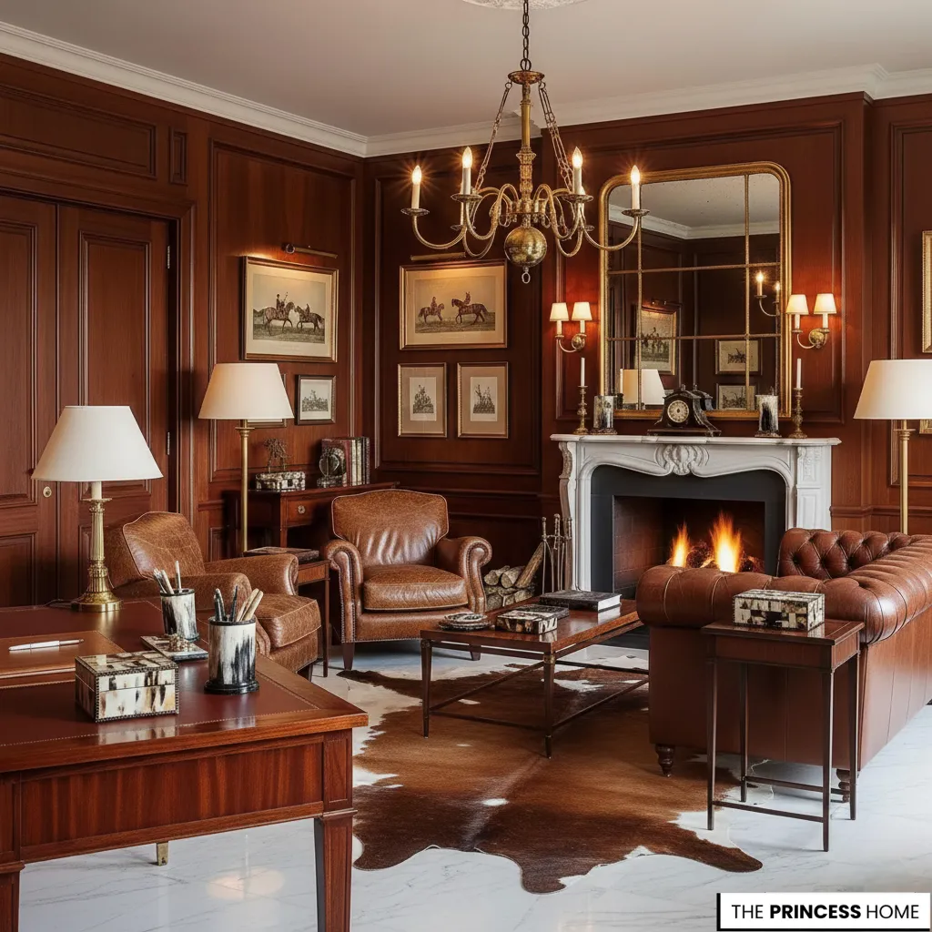 Luxury Ralph Lauren style home office with rich wood paneling, a brown leather Chesterfield sofa, tufted armchairs, a classic fireplace, and a cowhide rug.