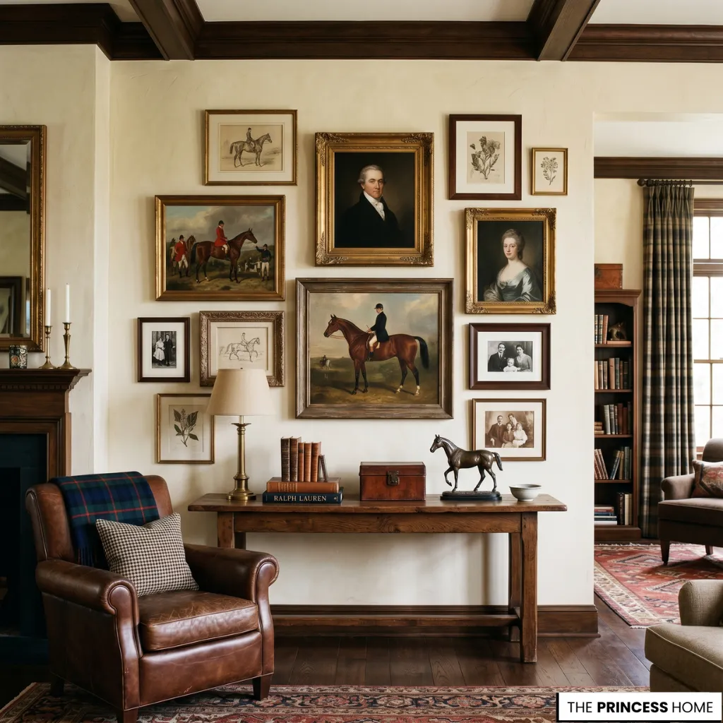 Heritage living room gallery wall featuring antique portraits, equestrian artwork, a leather armchair, and a wooden console table.