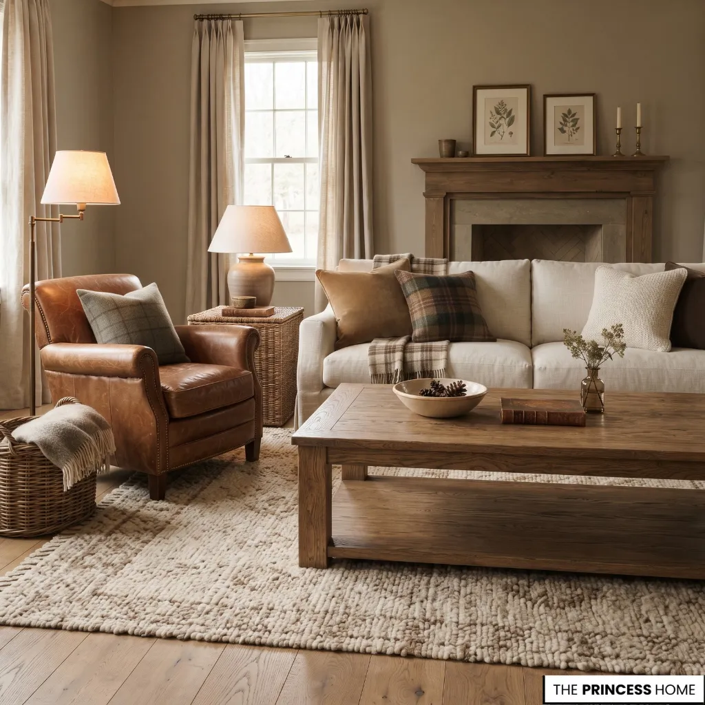 Living room combining wood, leather, linen, wool, woven fibers, and warm metal