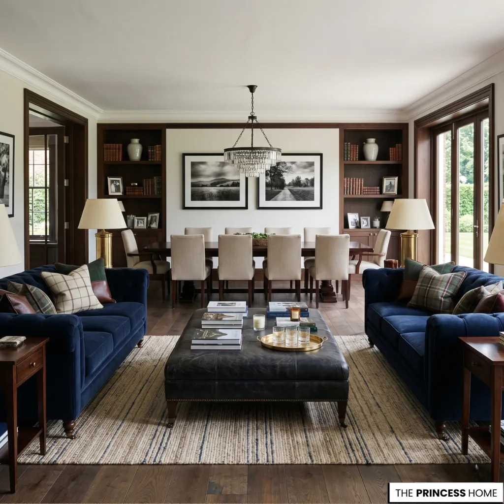 Symmetrical Ralph Lauren living room with navy blue velvet sofas, a black leather ottoman, plaid pillows, and a crystal chandelier.