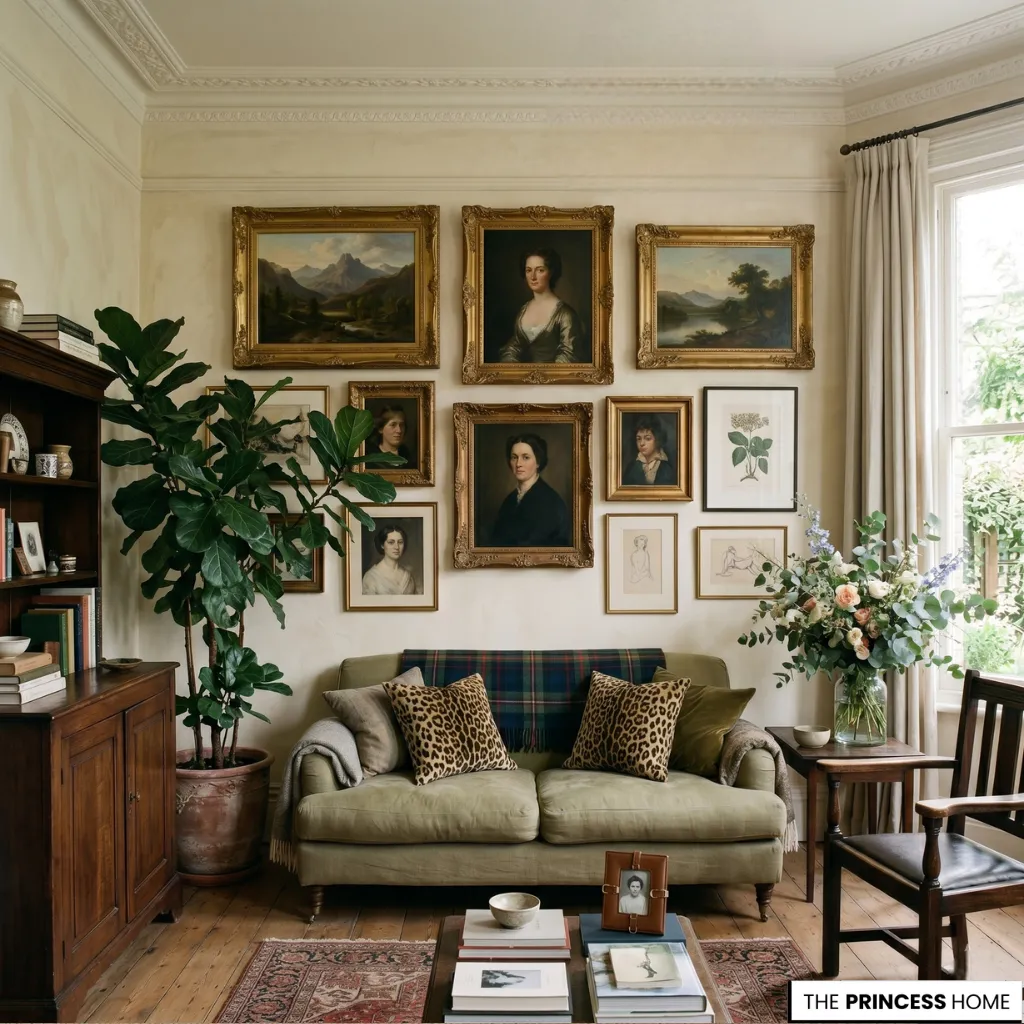 Maximalist living room with an olive green sofa, leopard print pillows, a large gallery wall of oil paintings, and a fiddle leaf fig.